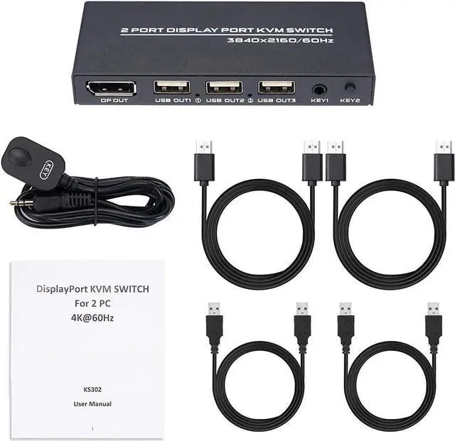 Alt view image 5 of 5 - DisplayPort KVM Switch 2 Ports, USB Switch Share Monitor Keyboard and Mouse for Laptop, DP Display Port KVM Switcher Support 4K @60Hz, with 2 DisplayPort Cables and 2 USB Cables