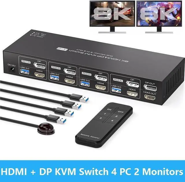 Main image of [Dual Monitor] Displayport HDMI KVM Switch 4 Computers 2 Monitors 8K@60Hz HDMI 2.1 + Displayport 1.4 USB 3.0 KVM Switch for 4 PC Sharing 2 Monitor and 4 USB 3.0 Devices with IR Remote Control