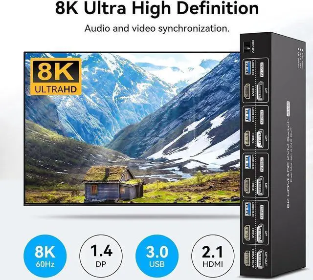 Alt view image 5 of 7 - [Dual Monitor] Displayport HDMI KVM Switch 4 Computers 2 Monitors 8K@60Hz HDMI 2.1 + Displayport 1.4 USB 3.0 KVM Switch for 4 PC Sharing 2 Monitor and 4 USB 3.0 Devices with IR Remote Control