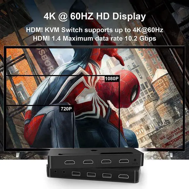 Alt view image 7 of 7 - 4 Port KVM HDMI Switch with Audio Microphone and 3 x USB Hub - 4K @60Hz 4 in 1 Out HDMI USB Switch Supports Keyboard Mouse with USB+HDMI Combo Cables x4|USB Power Cable|Wire Remote Switch