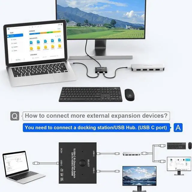 Alt view image 5 of 7 - 2 Port USB C Switch, Bi-Directional [2 in 1 Out / 1 in 2 Out] USB C Switcher 2 Computers, USB C KVM Switch Support 8K @60Hz/4K@120Hz Video/10Gbps Data Transfer/100W Charging, with 2 USB-C Cables