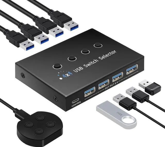Main image of USB 3.0 Switch 4 Computers 3 Computers Keyboard Mouse Switch,4 Port USB Switch Selector Sharing 4 USB Devices,USB Switcher Compatible with Mac/Windows/Linux,with Desktop Controller &4 USB Cable