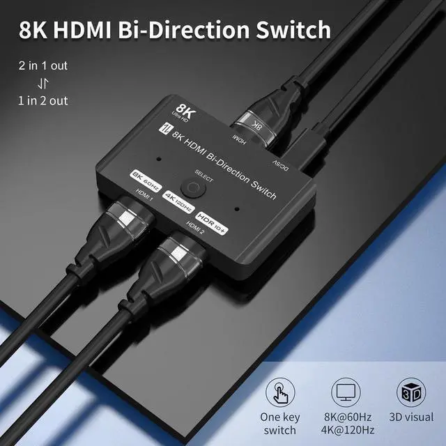 Alt view image 7 of 7 - HDMI Switch 4K@120hz, HDMI Switch 2 in 1 Out or 1 in 2 Out, HDMI 2.1 Switch Ultra-HD 48Gbps HDMI Switcher 8K Support 8K@60Hz 4K@120Hz, Dynamic HDR, Dolby Atmos,for QLED TV,PS5,Xbox,Fire