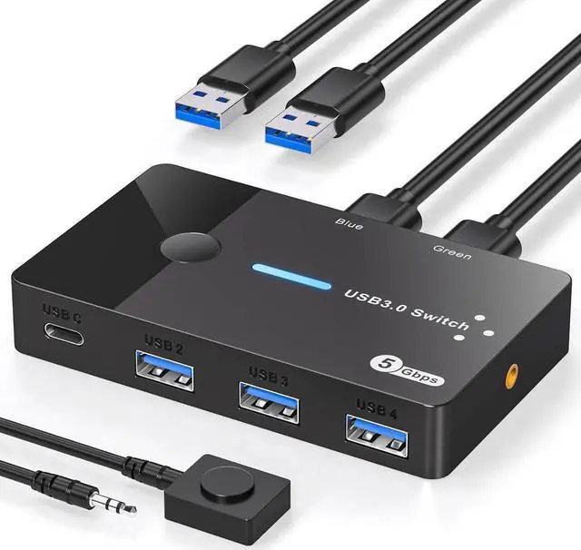 Alt view image 3 of 7 - USB 3.0 Switch 2 Computers Sharing USB C & A Devices, 4 Port USB Switcher Sharing Keyboard and Mouse, Printer/Scanner USB Switch Hub for 2 Computers with 2 USB3.0 Cables and Desktop Controller