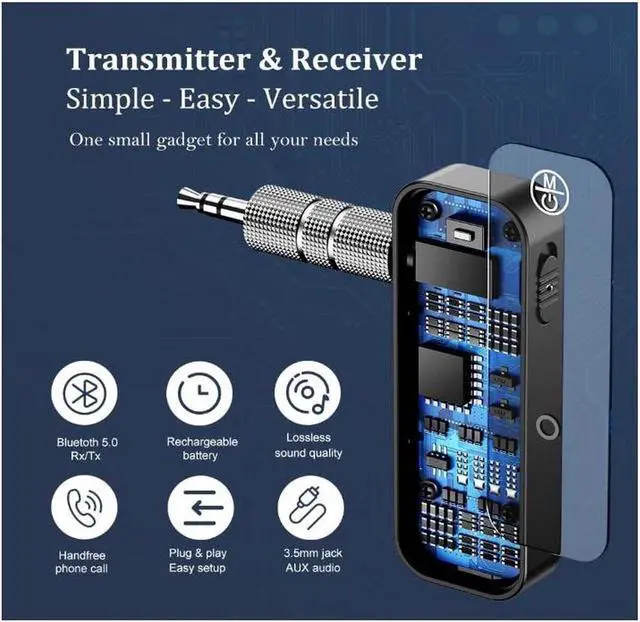 Alt view image 2 of 7 - Bluetooth 5.0 adapter with 3.5mm jack for auxiliary dongle, 2-in-1 wireless transmitter/receiver, suitable for TV audio, projectors, computers, headphones, cars