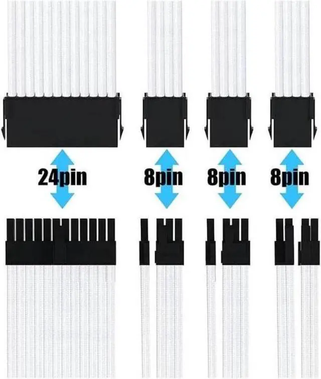 Alt view image 2 of 6 - Mod Sleeved Cable, White Power Supply Cable Extension Kit, 30CM long with cable comb ,1x24PIN ATX, 1x4+4 PIN EPS,2x Dual 6+2 PIN PCIE