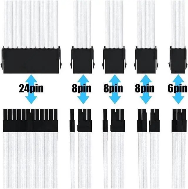 Alt view image 5 of 7 - Mod Sleeved Cable, White Power Supply Cable Extension Kit, 24PIN ATX, 4+4 PIN EPS, Dual 6+2 PIN PCIE, 6 PIN PCI-E