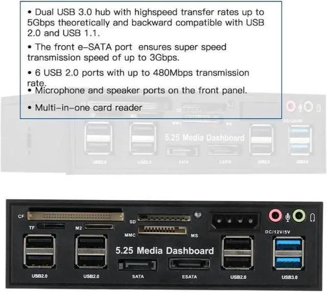 Alt view image 6 of 6 - Multi-Function USB 3.0 Hub eSATA SATA Port Internal Card Reader PC Dashboard Media Front Panel Audio for SD MS CF TF M2 MMC Memory Cards Fits 5.25" Bay
