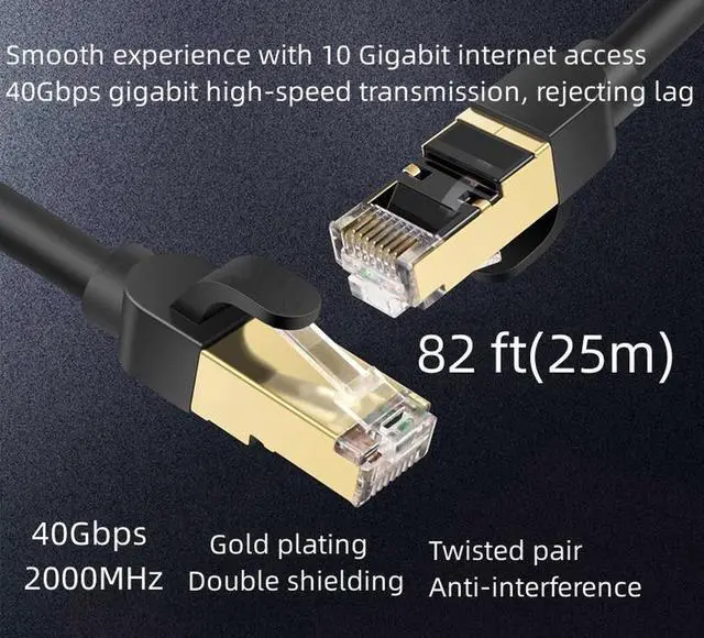 Main image of Cat 8 Ethernet Cable 82 ft. Shielded 26AWG Lastest 40Gbps 2000Mhz SFTP Patch Cord Heavy Duty High Speed Cat8 LAN Network RJ45 Cable- in Wall Outdoor Weatherproof Rated for Router Modem Gaming 82 ft.