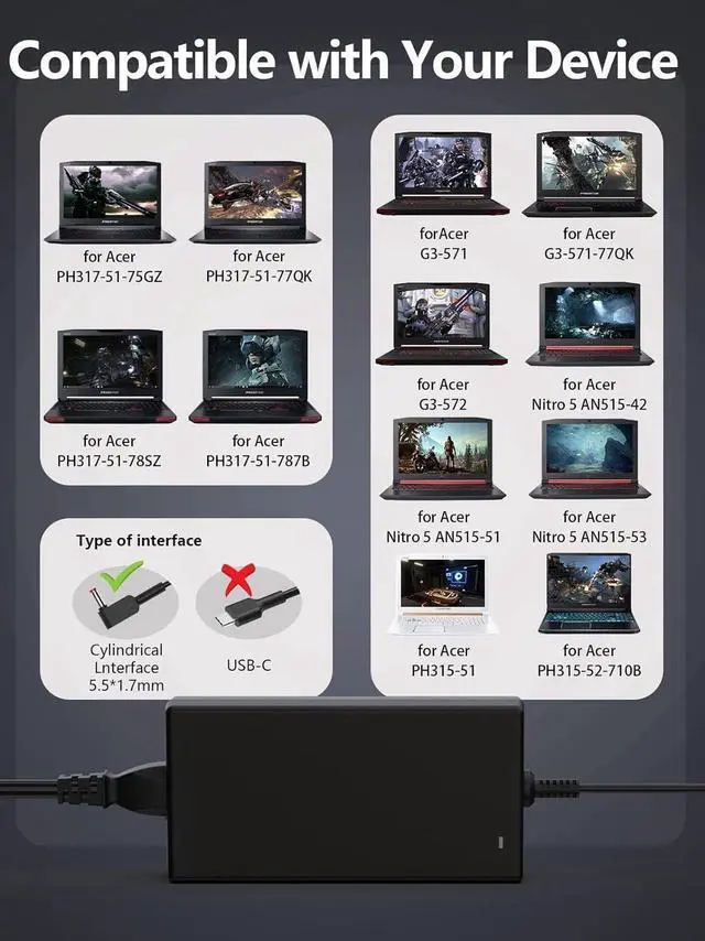 Alt view image 3 of 7 - 180W 19.5V 9.23A Charger AC Adapter for Ac-er Nitro 5 7 Acer Predator Helios 300 PH317-53-77YL PH317-54-70Z5 Acer Predator Triton 300 PT315-52-73WT PT315-52-7337 Laptop Power Adapter (5.5mm*1.7mm)