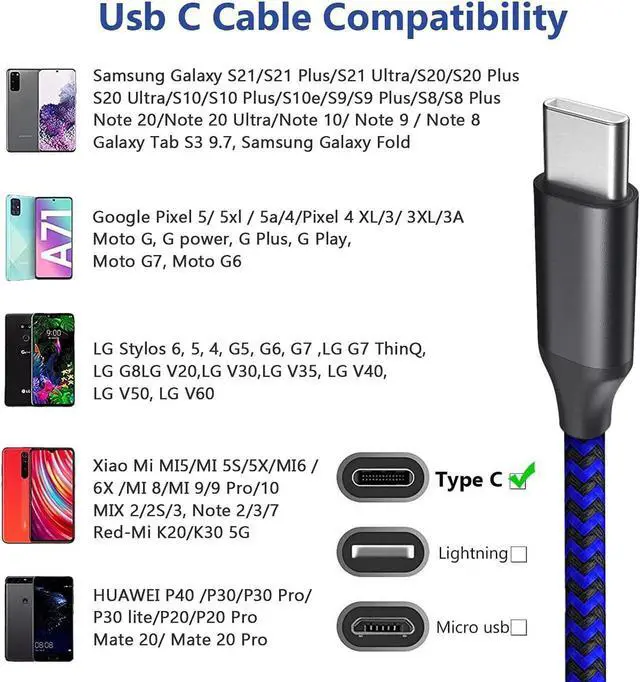 Alt view image 5 of 7 - USB C Cable 10ft 3 Pack USB C Charger Cable, USB A to USB C Charging Cable USB Type C Fast Charge Cord Compatible with Samsung Galaxy S20 S10 Note 9, Android Cell Phones and More- Black Blue Red