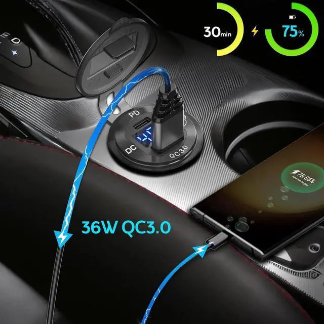 Alt view image 4 of 7 - High Voltage USB Outlet 12V 24V 36V 48V 60V Aluminum Car Charger Socket PD 30W USB C and QC 36W Car USB Port Waterproof Cigarette Lighter Power Adapter DIY Kit with Button Switch for Ship Truck etc.