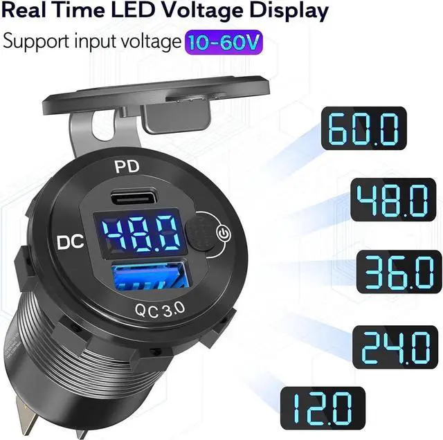 Alt view image 2 of 7 - High Voltage USB Outlet 12V 24V 36V 48V 60V Aluminum Car Charger Socket PD 30W USB C and QC 36W Car USB Port Waterproof Cigarette Lighter Power Adapter DIY Kit with Button Switch for Ship Truck etc.