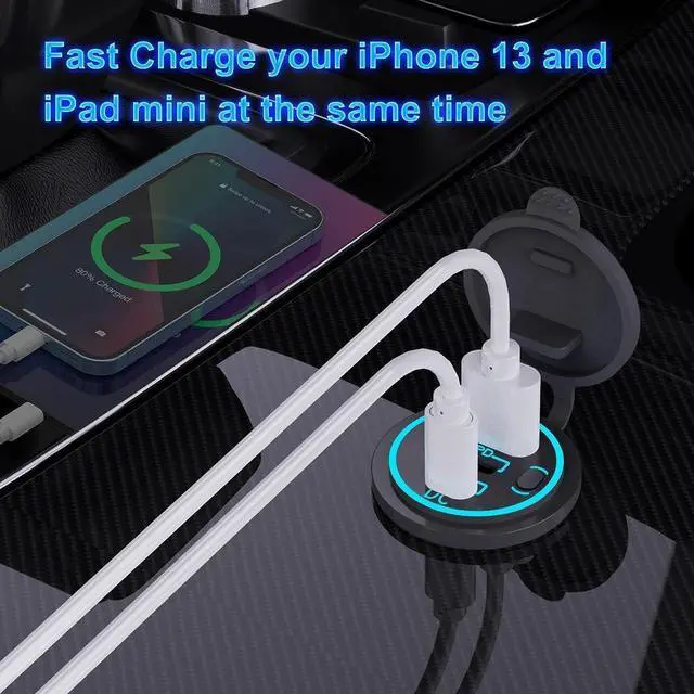 Alt view image 3 of 7 - 2 PACK 12V USB Outlet Wired USB Charger Multi Port Dual PD3.0 USB-C and Quick Charge 3.0 Car USB Port Socket with Power Switch Fast Charger for Cell Phone Tablet Suitable for Car Boat RV Marine ATV