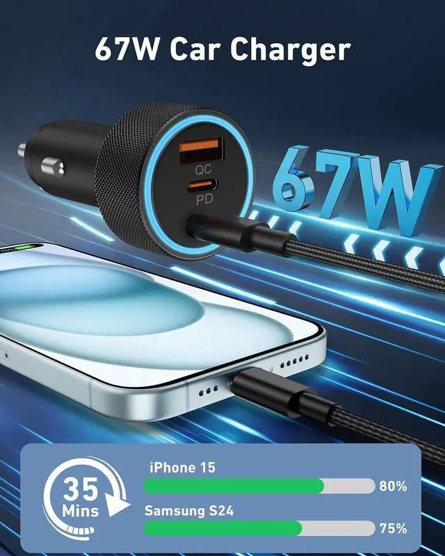 Alt view image 2 of 7 - USB C Car Charger, 2Pack 3-Port 67W Dual USB-C & USB-A Phone Car Charger Adapter PD/QC Fast Charging Cigarette Lighter for iPhone 15 14 13 12 11 Pro Max, iPad, Samsung S24 S23 S22, Pixel 8 7, Android