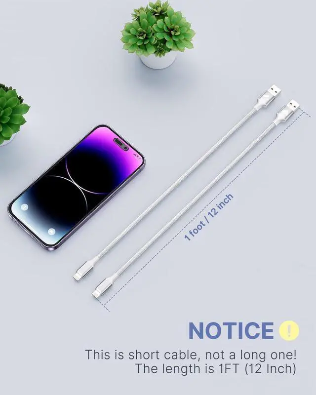 Alt view image 3 of 7 - Aioneus Short iPhone Charger Cord 1ft 2Pack, Apple Certified USB A to Lightning Cable 1 Foot Nylon Braided Short iPhone Cable Fast Charging for iPhone 14 13 12 11 Pro Max XR XS 8 7 6 Plus SE
