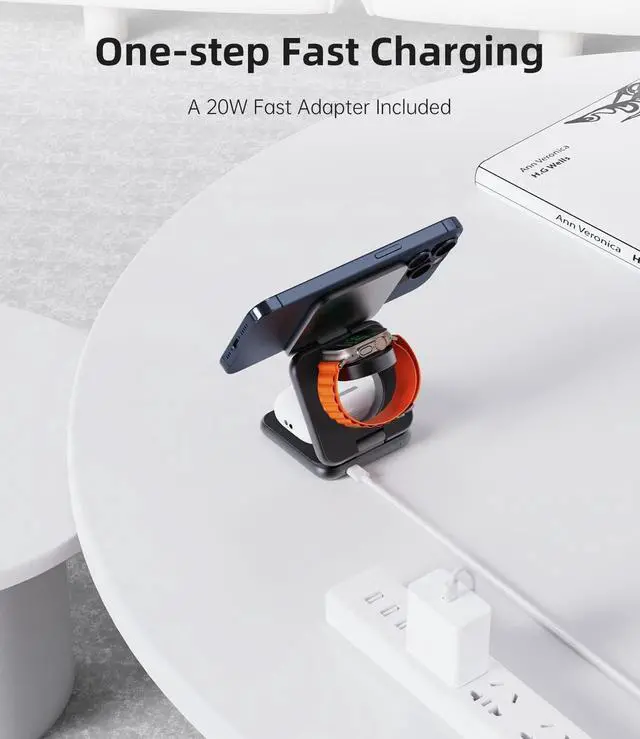 Alt view image 6 of 7 - Foldable Magnetic Wireless Charger, Aluminum Alloy 3 in 1 Charging Station for Apple, 15W Fast Mag-Safe Charger Stand for iPhone 15 14 13 12 Pro/Max/Plus, for AirPods 3/2/Pro,5W for iWatch-Gray