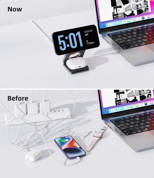 Alt view image 4 of 7 - Foldable Magnetic Wireless Charger, Aluminum Alloy 3 in 1 Charging Station for Apple, 15W Fast Mag-Safe Charger Stand for iPhone 15 14 13 12 Pro/Max/Plus, for AirPods 3/2/Pro,5W for iWatch-Gray