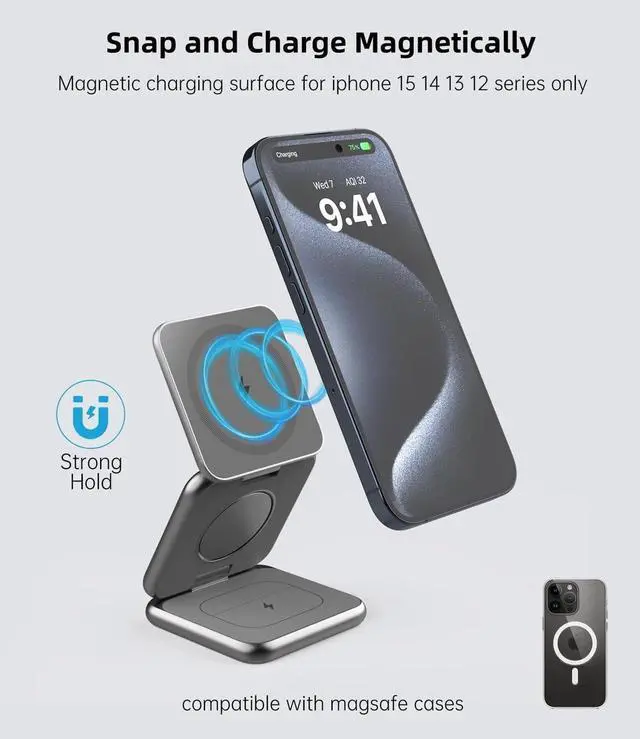 Alt view image 3 of 7 - Foldable Magnetic Wireless Charger, Aluminum Alloy 3 in 1 Charging Station for Apple, 15W Fast Mag-Safe Charger Stand for iPhone 15 14 13 12 Pro/Max/Plus, for AirPods 3/2/Pro,5W for iWatch-Gray