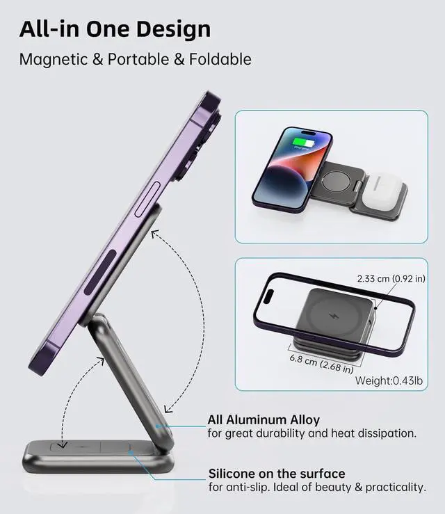 Alt view image 7 of 7 - Foldable Magnetic Wireless Charger, Aluminum Alloy 3 in 1 Charging Station for Apple, 15W Fast Mag-Safe Charger Stand for iPhone 15 14 13 12 Pro/Max/Plus, for AirPods 3/2/Pro,5W for iWatch-Gray