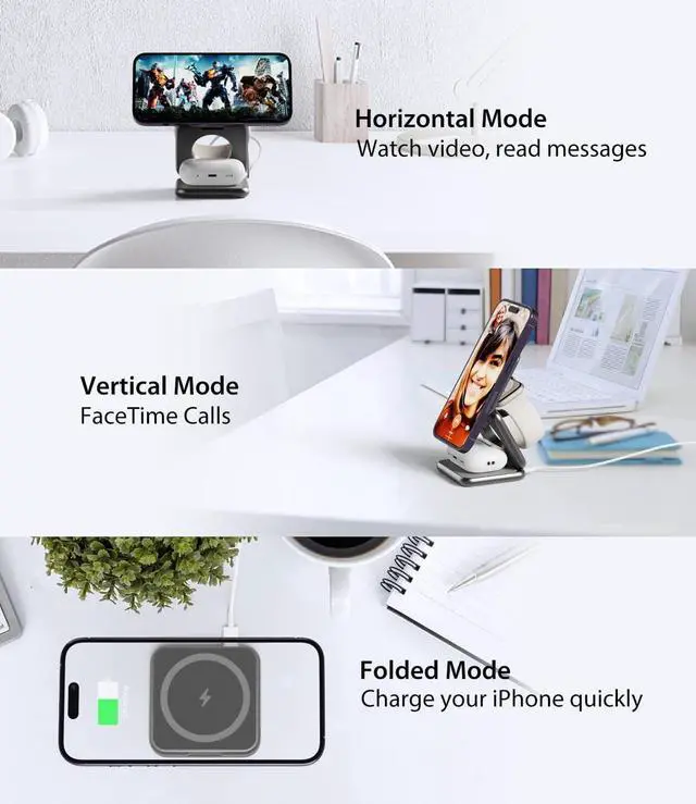Alt view image 2 of 7 - Foldable Magnetic Wireless Charger, Aluminum Alloy 3 in 1 Charging Station for Apple, 15W Fast Mag-Safe Charger Stand for iPhone 15 14 13 12 Pro/Max/Plus, for AirPods 3/2/Pro,5W for iWatch-Gray