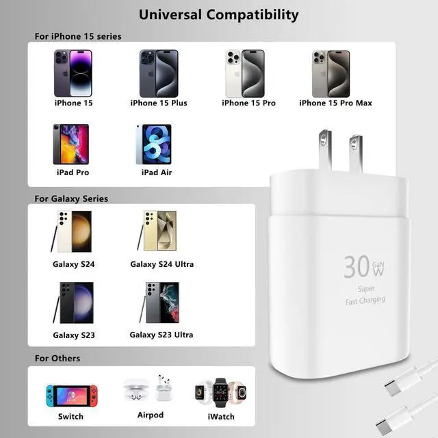 Alt view image 7 of 7 - iPhone 15 Pro Max Charger 30W USB C iPhone 15 Charger Block Fast Charging with 10FT Long Type C Cord Cable for iPhone 15/15 Pro/15 Pro Max/15 Plus, iPad Pro/Mini/Air, Samsung S24/S23/ Ultra-3 Pack
