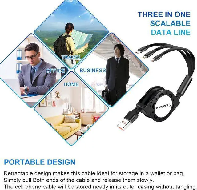 Alt view image 2 of 7 - [2024 Upgraded 3 Pack Multi Retractable Charging Cable, 3 in 1 USB Charging Cable with USB C/Micro USB/Phone Port, 3.3FT Charging Cable for Phone 15 14 13 12 11 XS XR X 8 7 6 SE,Galaxy