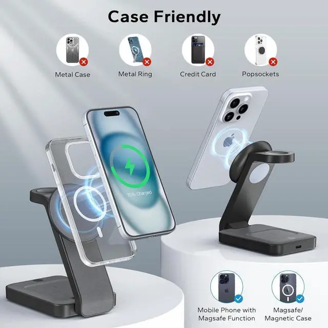 Alt view image 4 of 7 - 3 in 1 Foldable Wireless Charging Station for MagSafe, Travel Magnetic Charger Stand for iPhone 15 14 13 12 Pro Max, Fast Nightstand Charging Dock with Night Light for Apple Watch/