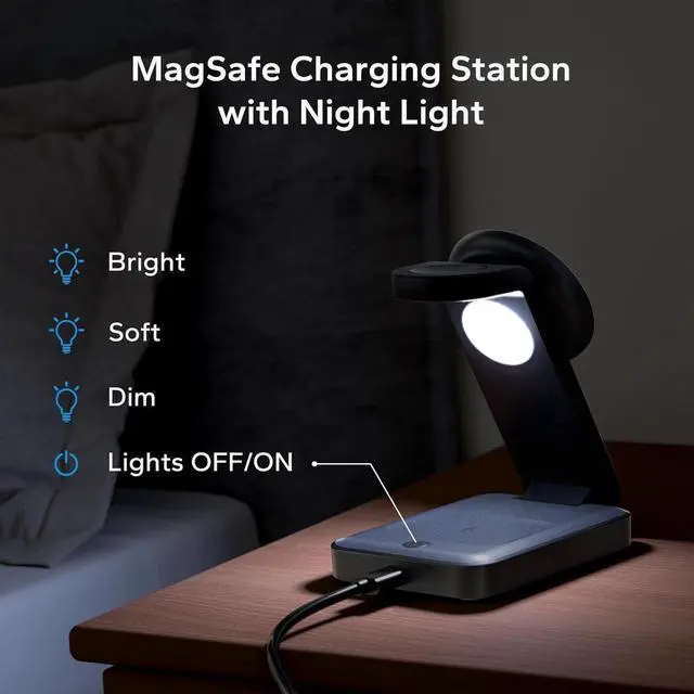 Alt view image 2 of 7 - 3 in 1 Foldable Wireless Charging Station for MagSafe, Travel Magnetic Charger Stand for iPhone 15 14 13 12 Pro Max, Fast Nightstand Charging Dock with Night Light for Apple Watch/