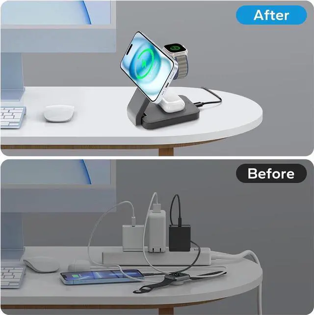 Alt view image 7 of 7 - 3 in 1 Foldable Wireless Charging Station for MagSafe, Travel Magnetic Charger Stand for iPhone 15 14 13 12 Pro Max, Fast Nightstand Charging Dock with Night Light for Apple Watch/