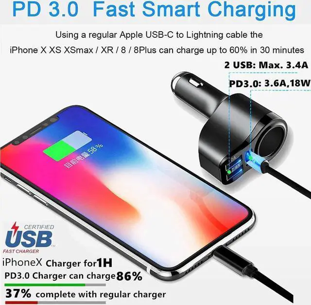 Alt view image 2 of 7 - 4 in 1 USB C Car Charger, 36W Multi USB Cigarette Lighter Adapter, Socket Splitter with 3 USB Ports, 12V/24V Dual USB Type C PD Fast Car Charger Adapter for iPhone 13/12/11/XS/8,iPad,Samsung,LG,GPS