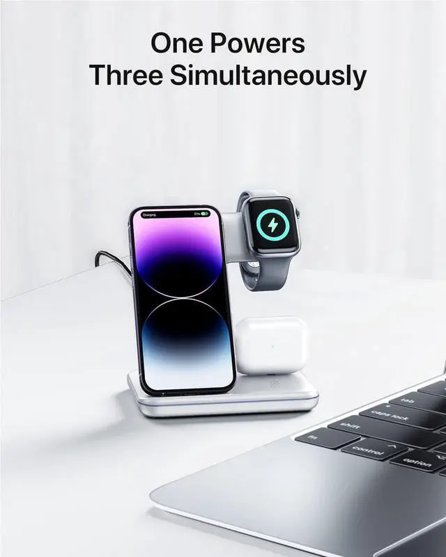 Alt view image 2 of 6 - Intoval Charging Station for Apple iPhone/iWatch/Airpods, 3 in 1 Wireless Charger for iPhone15/14/13(Pro, Pro Max) 12/11/XS/XR, iWatch9/8/Ultra/7/6/SE/5/4/3/2, Airpods Pro2/Pro1/3/2/1(Z5 White)