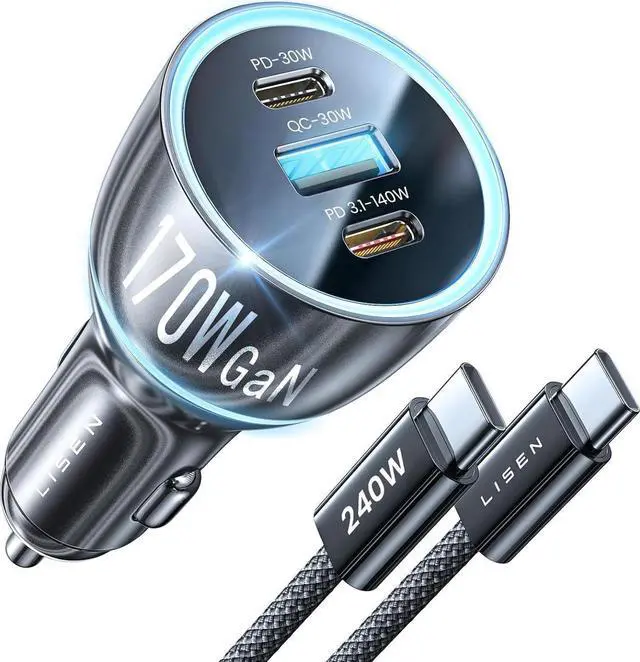 Main image of LISEN 170W GaN Car Charger USB C Fast Charge PD3.1 140W 3 Port Super Fast Charging Car Charger Laptop for iPad Pro Air Cigarette Lighter Adapter Car USB C Charger for iPhone 15 Pro with Cable