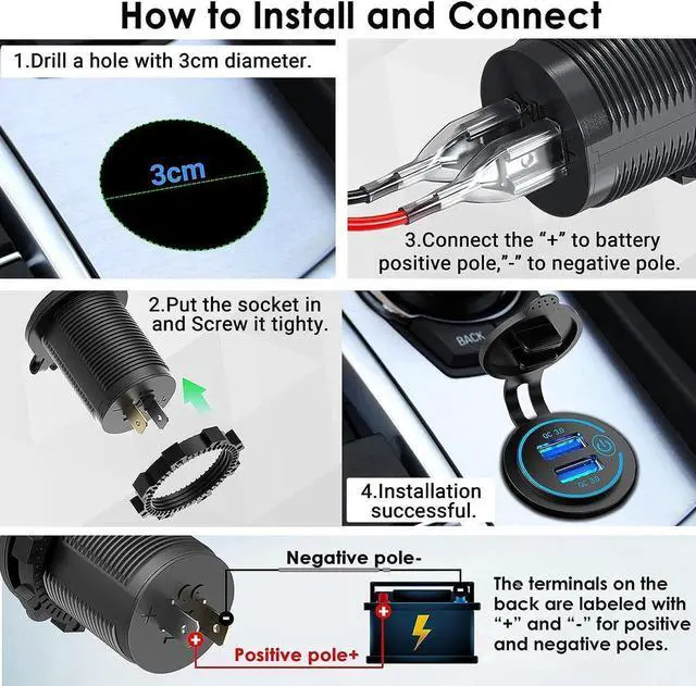 Alt view image 6 of 7 - [2 Pack] 12V USB Outlet, Quick Charge 3.0 Dual USB Power Outlet with Touch Switch, Waterproof 12V/24V Fast Charge USB Charger Socket DIY Kit for Car Boat Marine Bus Truck Golf Cart RV Motorcycle, etc.