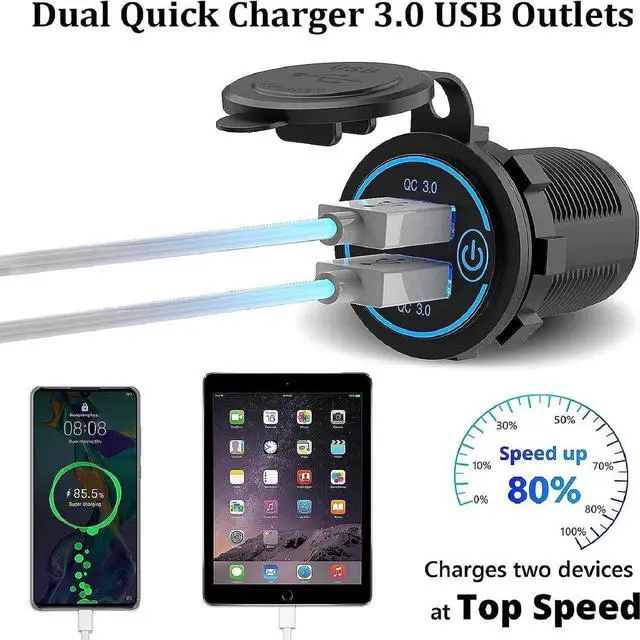 Alt view image 2 of 7 - [2 Pack] 12V USB Outlet, Quick Charge 3.0 Dual USB Power Outlet with Touch Switch, Waterproof 12V/24V Fast Charge USB Charger Socket DIY Kit for Car Boat Marine Bus Truck Golf Cart RV Motorcycle, etc.