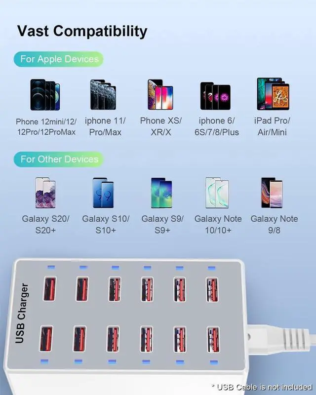 Alt view image 5 of 7 - USB Charger 12-Ports USB Charging Station for Multiple Devices USB Wall Charger Power Hub Strip Smart Plug Charging Dock Block for iPhone Xs/XR,iPad,iPod,Galaxy S9/S8,Laptops and Smart Phones 60W