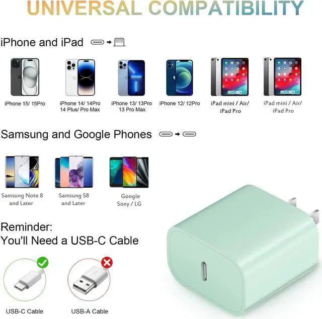 Alt view image 3 of 6 - USB C Charger for iPhone 15 Charger Block [2Pack] USB C Wall Charger 20W PD Power Adapter for iPhone 15/14/13/12/11,Xs/X, iPad, Samsung, Google-Green