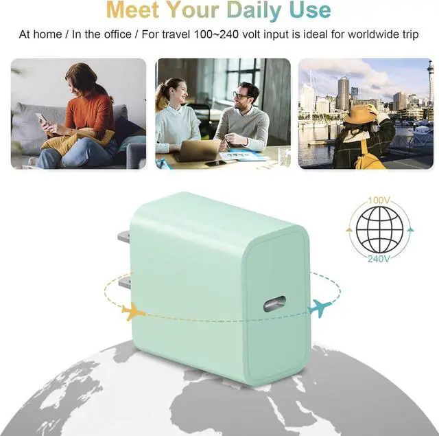 Alt view image 6 of 6 - USB C Charger for iPhone 15 Charger Block [2Pack] USB C Wall Charger 20W PD Power Adapter for iPhone 15/14/13/12/11,Xs/X, iPad, Samsung, Google-Green