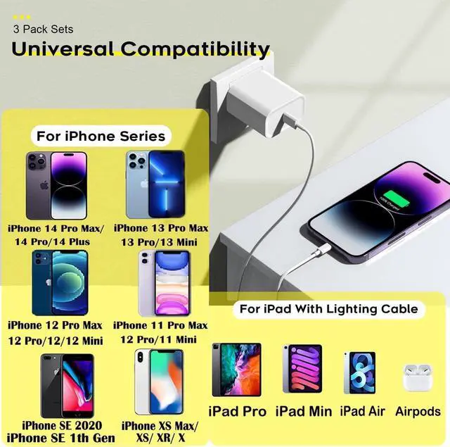 Alt view image 3 of 7 - Fast Charger iPhone,iPhone Charger Cable,3Pack iPhone Charger Fast Charging 6Foot iPhone Charging USB C Charger Adapter 6FT Type C to Lightning Cable for iPhone 14 Pro Max/14 Plus/13/12 Mini/11/XS/SE