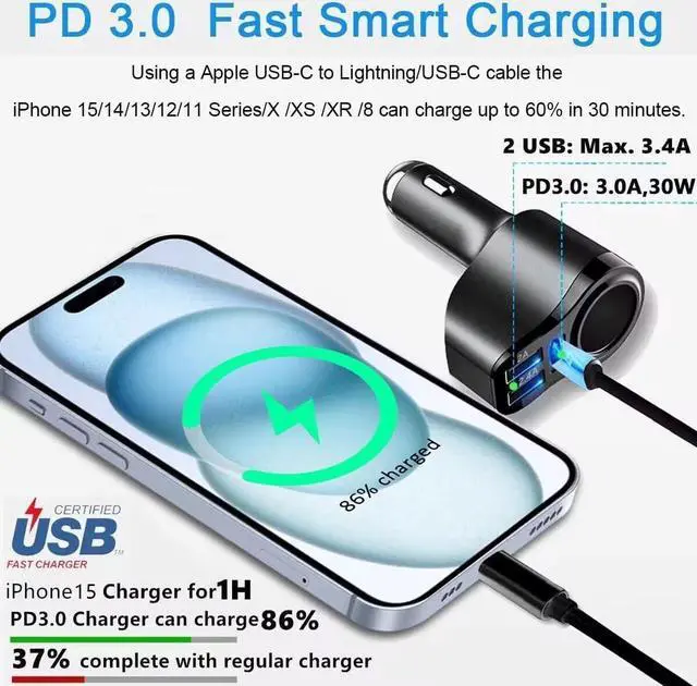 Alt view image 3 of 7 - 4 in 1 USB C Car Charger 168W Multi USB Cigarette Lighter Adapter Socket Splitter with 3 USB Ports 12V/24V Dual USB Type C PD Fast Car Charger Adapter for iPhone 15 Pro Max 14 13 iPad GPS