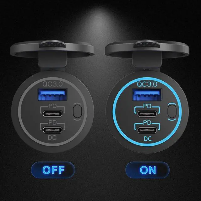 Alt view image 4 of 7 - 2 PACK 12V USB Outlet Wired USB Charger Multi Port Dual PD3.0 USB-C and Quick Charge 3.0 Car USB Port Socket with Power Switch Fast Charger for Cell Phone Tablet Suitable for Car Boat RV Marine ATV