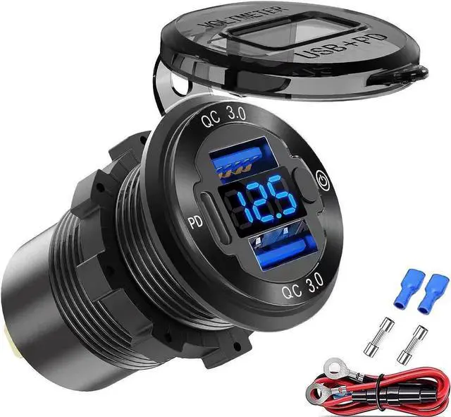Main image of 12V USB Outlet Wire Aluminum Car Charger Multi Port, Dual USB Quick Charge 3.0 Port and PD USB C Socket with Voltmeter Switch for Car Boat Marine Truck RV, Fast Charge for iPhone iPad Android Phones