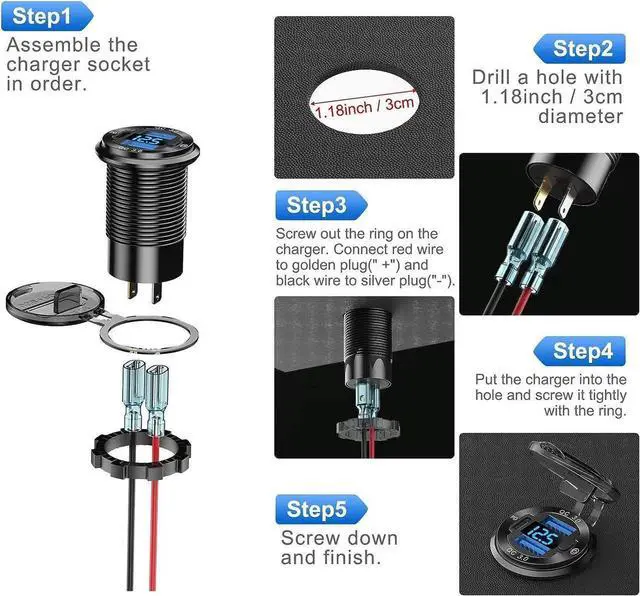 Alt view image 5 of 7 - 12V USB Outlet Wire Aluminum Car Charger Multi Port, Dual USB Quick Charge 3.0 Port and PD USB C Socket with Voltmeter Switch for Car Boat Marine Truck RV, Fast Charge for iPhone iPad Android Phones