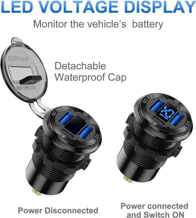 Alt view image 7 of 7 - 12V USB Outlet Wire Aluminum Car Charger Multi Port, Dual USB Quick Charge 3.0 Port and PD USB C Socket with Voltmeter Switch for Car Boat Marine Truck RV, Fast Charge for iPhone iPad Android Phones