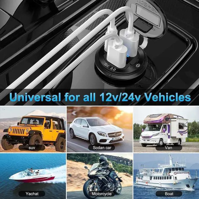 Alt view image 4 of 7 - 12V USB Outlet Wire Aluminum Car Charger Multi Port, Dual USB Quick Charge 3.0 Port and PD USB C Socket with Voltmeter Switch for Car Boat Marine Truck RV, Fast Charge for iPhone iPad Android Phones