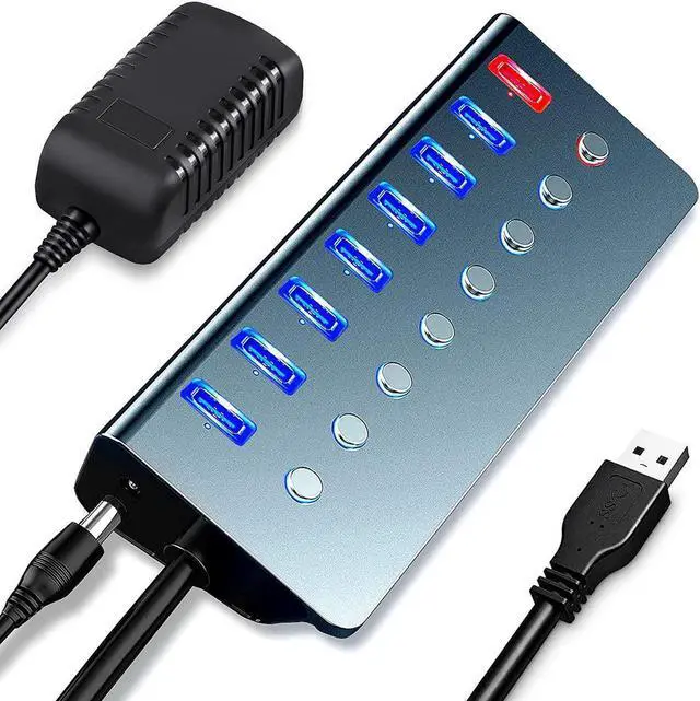 Main image of Powered USB Hub,LOBKIN 7-Port USB Hub 3.0 Powered | 1 Smart Charging Port | Multi USB Port Expander with Individual On/Off Switches and 5V/3A Power Adapter for Laptop,PC,Mac,MacBook Pro,PS4,TV