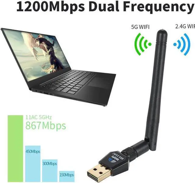 Alt view image 3 of 7 - 1200Mbps USB Wifi Adapter USB Wireless Adapter Daul Band (2.4G/300M+5G/867M) 802.11 ac for Desktop PC WinXP/Vista/7/8/8.1/10