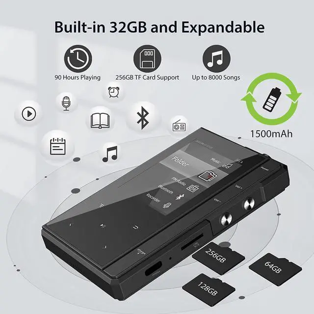 Alt view image 6 of 6 - 32GB MP3 Player with Bluetooth 5.0, Phinistec Portable Music Player MP3 with Speaker, Metal Body & Glass Back, HiFi Sound with FM Radio, Voice Recorder, E-Book, Support Micro SD Card up to 256GB