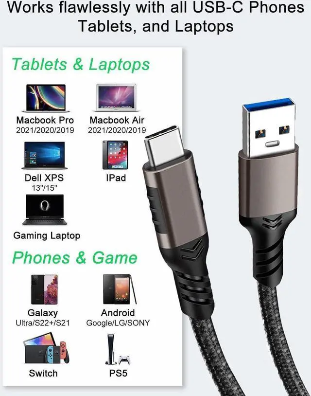 Alt view image 7 of 7 - USB-C to USB-A 10 Gbps USB 3.2 Gen 2 Data Power Braided Cable | 1 Meter 3.3 ft | 60W Fast Charging with Quick Data Transfers 2 Pack