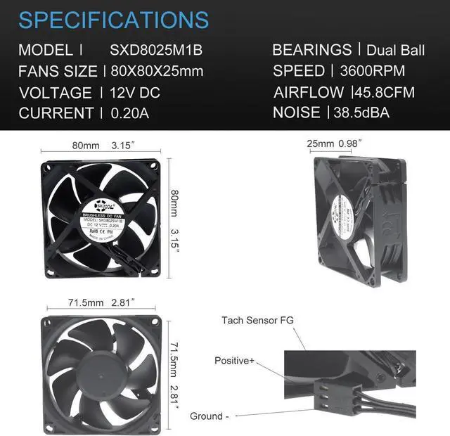 Alt view image 4 of 7 - IP68 80mm 8cm Waterproof Dustproof DC 12V Cooling Fan 80X80X25mm Dual Ball Bearing 3-Pin PC Computer Chassis PSU SXDOOL SXD8025M12B